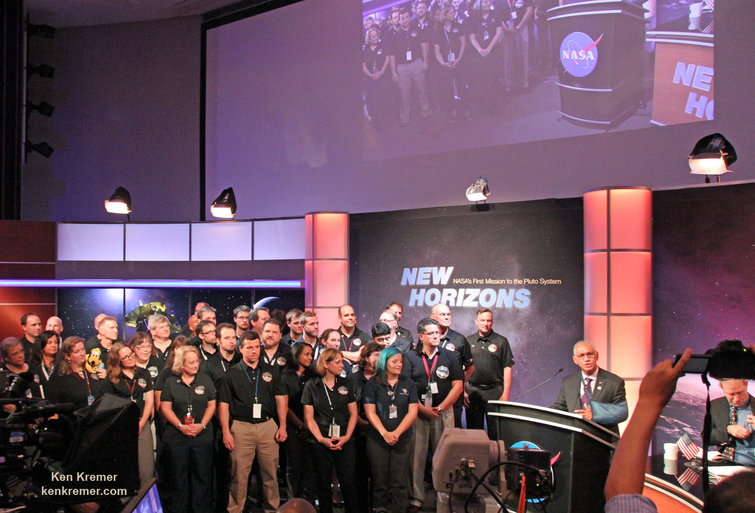 NASA Administrator Charles Bolden congratulates the New Horizons team after successful Pluto flyby on July 14, 2015 g, July 14, to cheering crowd at the Johns Hopkins University Applied Physics Laboratory (APL) in Laurel, Maryland, during  live NASA TV media briefing. Credit: Ken Kremer/kenkremer.com
