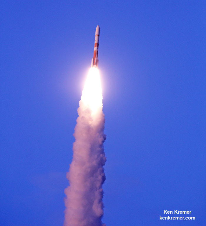 Delta IV rocket aloft carrying WGS-7 mission for the U.S. Air Force on United Launch Alliance launch from Cape Canaveral Air Force Station, Fl, on July 23, 2015.  Credit: Ken Kremer/kenkremer.com  