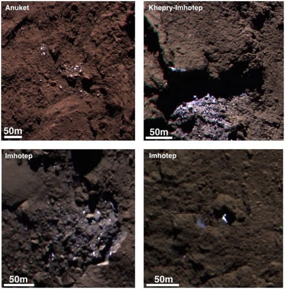 Examples of icy bright patches seen on Comet 67P/Churyumov-Gerasimenko during September 2014. The two left hand images are subsets of OSIRIS narrow-angle camera images acquired on 5 September; the right hand images were acquired on 16 September. During this time the spacecraft was about 30-40 km from the comet center. Credit: ESA/Rosetta/MPS for OSIRIS Team MPS/UPD/LAM/IAA/SSO/INTA/UPM/DASP/IDA