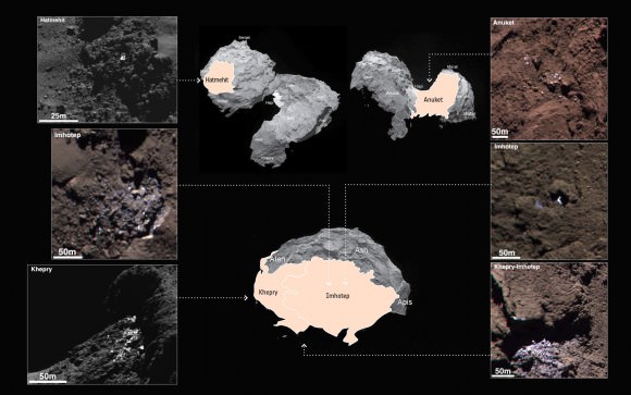 Examples of six different bright patches identified on the surface of Comet 67P/Churyumov-Gerasimenko in OSIRIS narrow-angle camera images acquired in September 2014. The insets point to the broad regions in which they were discovered (not to specific locations). In total, 120 bright regions, including clusters of bright features, isolated features and individual boulders, were identified in images acquired during September 2014 when the spacecraft was between 20-50 km from the comet center. The false colour images are red-green-blue composites assembled from monochrome images taken at different times and have been stretched and slightly saturated to emphasis the contrasts of colour such that dark terrains appear redder and bright regions appear significantly bluer compared with what the human eye would normally see. Credit: SA/Rosetta/MPS for OSIRIS Team MPS/UPD/LAM/IAA/SSO/INTA/UPM/DASP/IDA