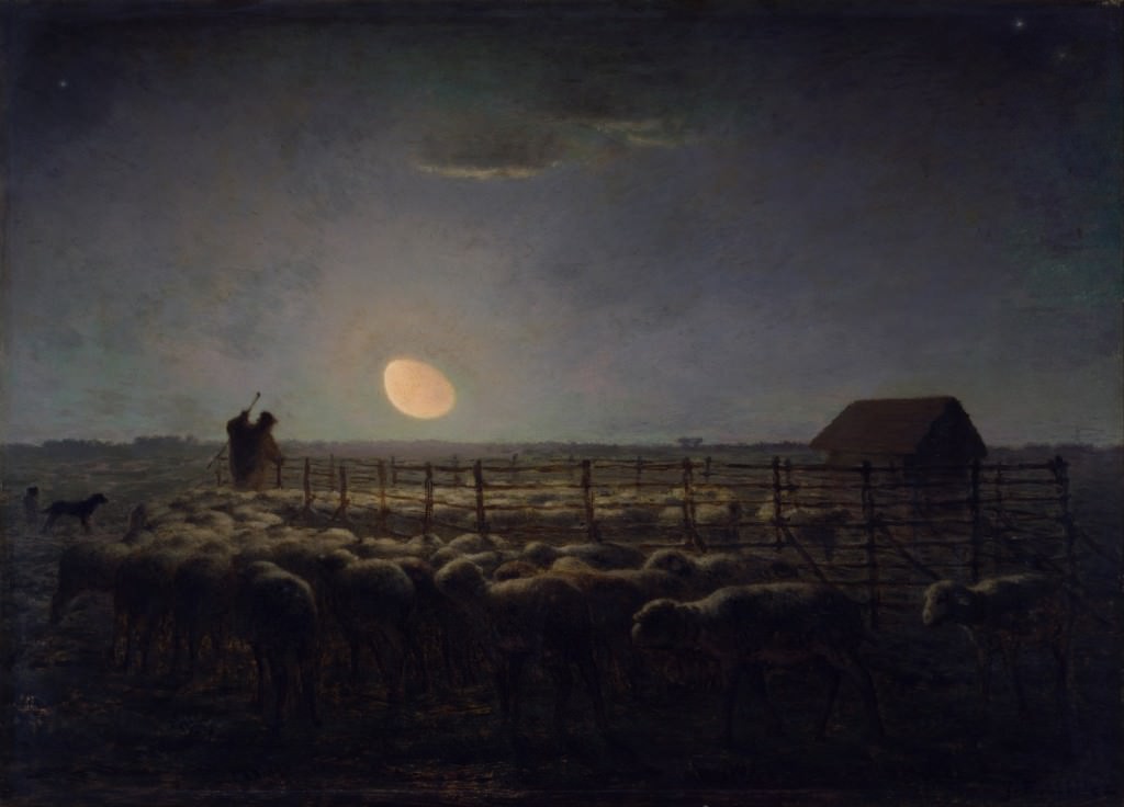 The ghostly glow of the gibbous moon in Jean-Francois Millet's The Sheepfold. Image Credit: Public Domain