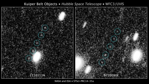 The image at left shows a KBO at an estimated distance of approximately 4 billion miles from Earth. Its position noticeably shifts between exposures taken approximately 10 minutes apart. The image at right shows a second KBO at roughly a similar distance.