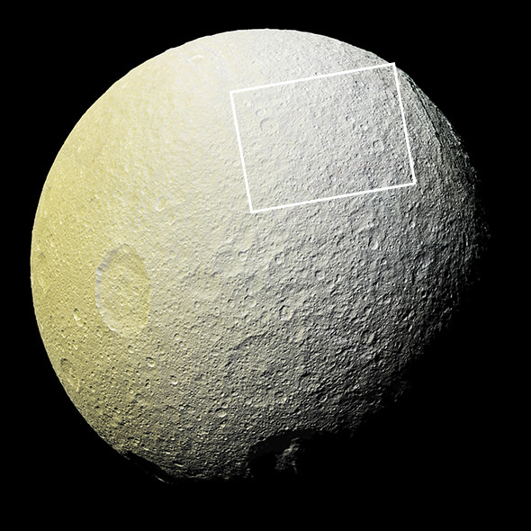 Extended color mosaic of Tethys from Cassini images acquired on April 11, 2015. The region where the streaks are is outlined. Click for original hi-res version. (NASA/JPL-Caltech/SSI)