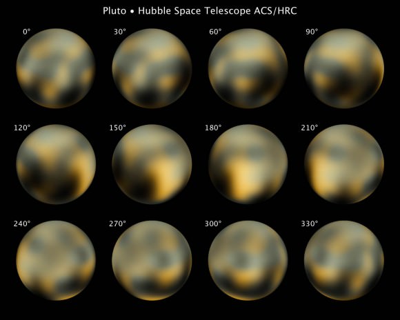 It's instructive to compare these images based on observations with the Hubble Space Telescope made well before New Horizons's arrival. They appear to record the large dark spot and possible the multiple streaks. Credit: NASA/ESA