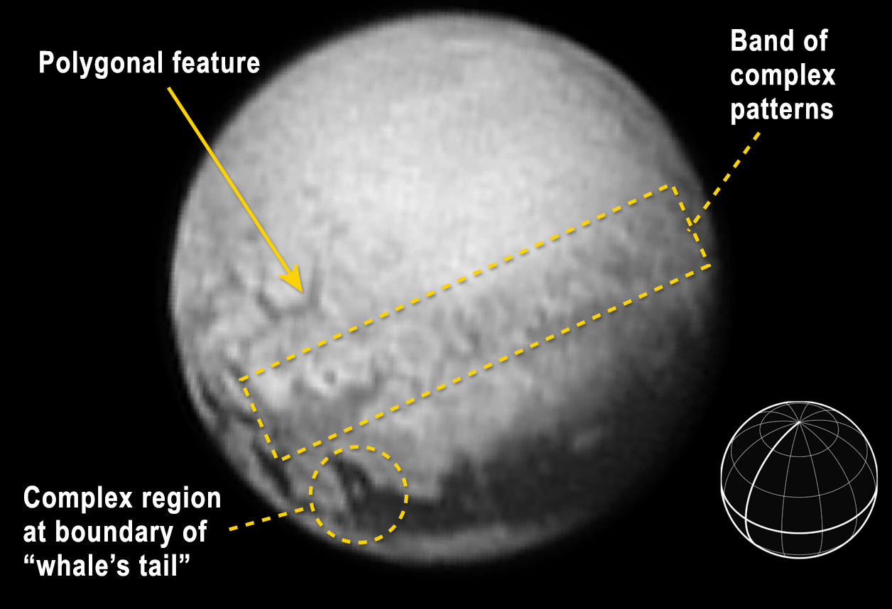 Tantalizing signs of geology on Pluto are revealed in this image from New Horizons taken on July 9, 2015 from 3.3 million miles (5.4 million km) away. This annotated version shows the large dark feature nicknamed "the whale" that straddles Pluto's equator, a swirly band and a curious polygonal outline. At lower is a reference globe showing Pluto’s orientation in the image, with the equator and central meridian in bold. Credit:  NASA-JHUAPL-SWRI