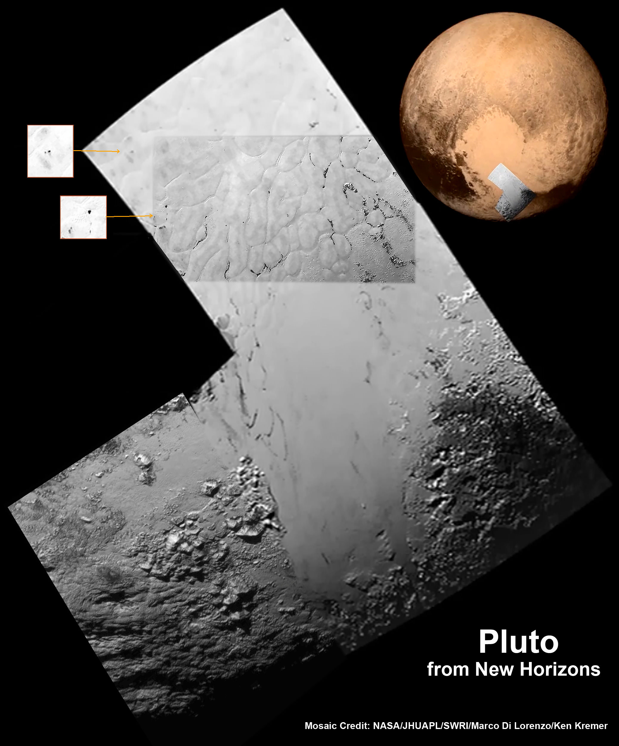 Hi Res mosaic of ‘Tombaugh Regio’ shows the heart-shaped region on Pluto and focuses on icy mountain ranges of ‘Norgay Montes’ and ice plains of ‘Sputnik Planum.’ The new mosaic combines highest resolution imagery captured by NASA’s New Horizons LORRI imager during history making closest approach flyby on July 14, 2015.   Inset at left shows possible wind streaks.  Inset at right shows global view of Pluto with location of huge heart-shaped region in context.  Credit: NASA/JHUAPL/SWRI/ Marco Di Lorenzo/Ken Kremer/kenkremer.com