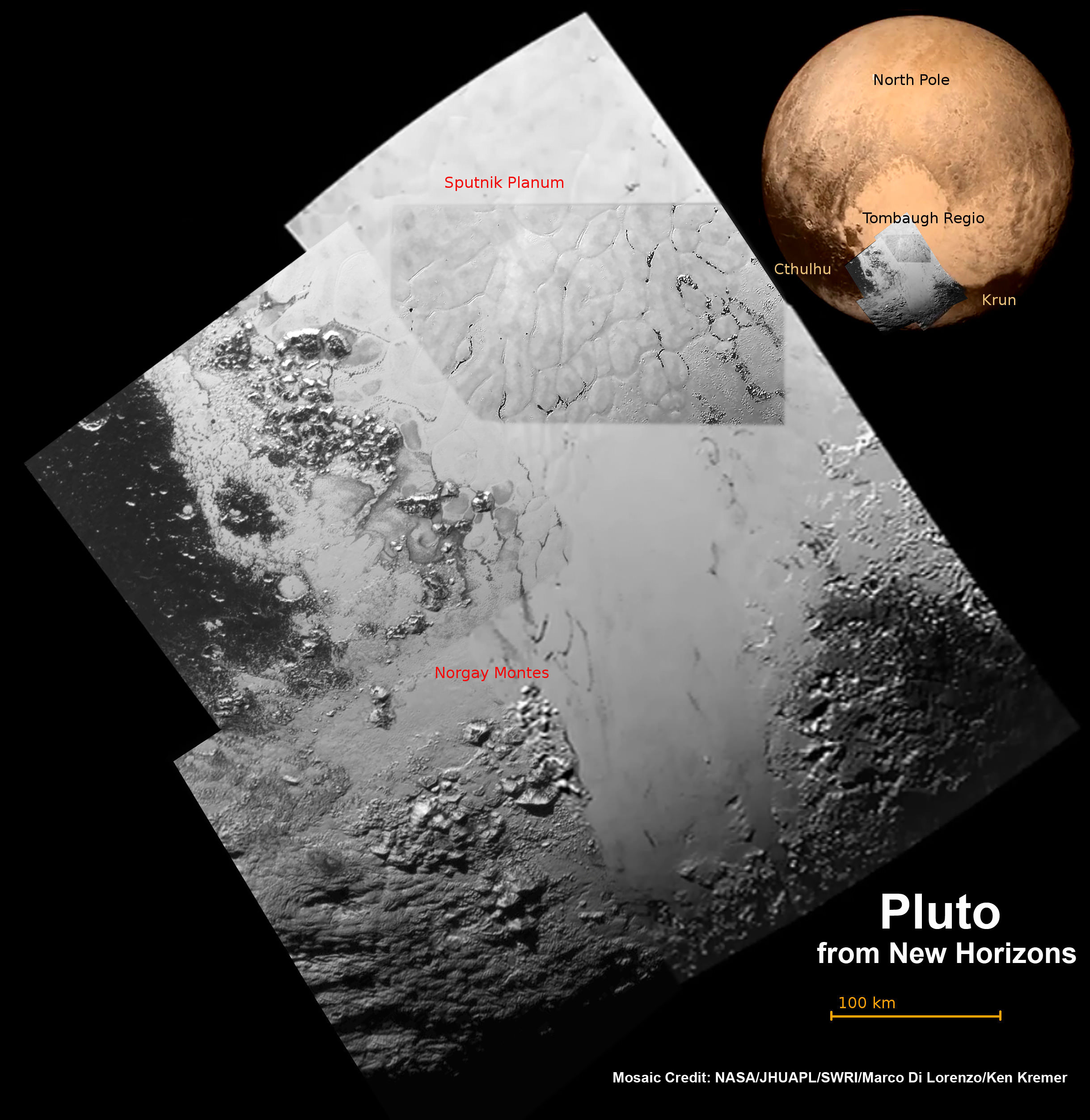 Hi Res mosaic of ‘Tombaugh Regio’ shows the heart-shaped region on Pluto and focuses on icy mountain ranges of ‘Norgay Montes’ and ice plains of ‘Sputnik Planum.’ The new mosaic combines highest resolution imagery captured by NASA’s New Horizons LORRI imager during history making closest approach flyby on July 14, 2015, draped over a wider, lower resolution view of Tombaugh Regio.   Inset at left shows possible wind streaks.  Inset at right shows global view of Pluto with location of huge heart-shaped region in context.  Annotated with place names.  Credit: NASA/JHUAPL/SWRI/ Marco Di Lorenzo/Ken Kremer/kenkremer.com  