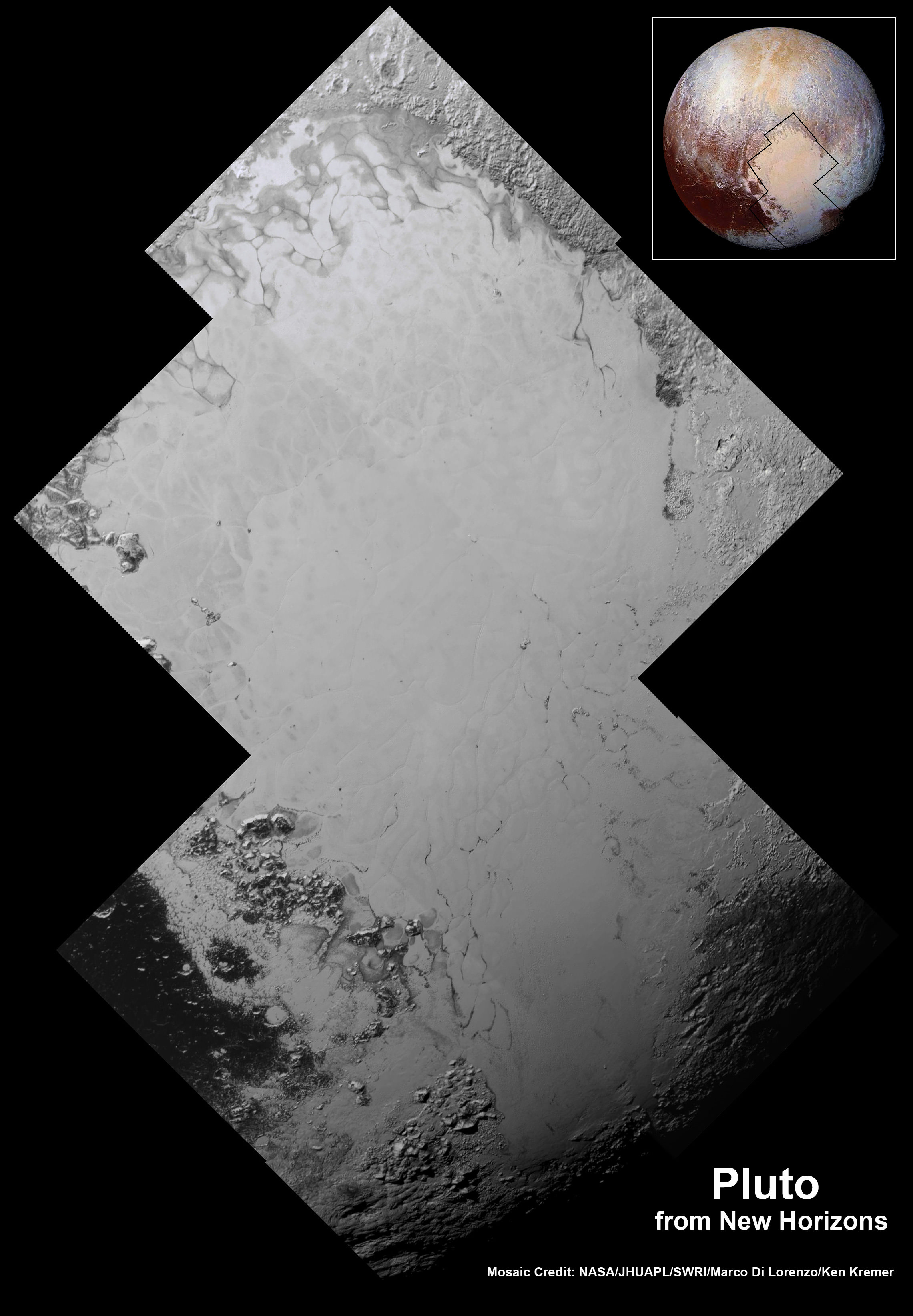 Highest resolution mosaic of ‘Tombaugh Regio’ shows the heart-shaped region on Pluto focusing on ice flows and plains of ‘Sputnik Planum’ at top and icy mountain ranges of ‘Hillary Montes’ and ‘Norgay Montes’ below.  This new mosaic combines the seven highest resolution images captured by NASA’s New Horizons LORRI imager during history making closest approach flyby on July 14, 2015.  Inset at right shows global view of Pluto with location of mosaic and huge heart-shaped region in context.  Credit: NASA/JHUAPL/SWRI/Marco Di Lorenzo/Ken Kremer/kenkremer.com    