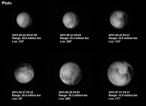 Images showing the increase in detail from late June through July 1 as New Horizons homes in on Pluto. Credit: 