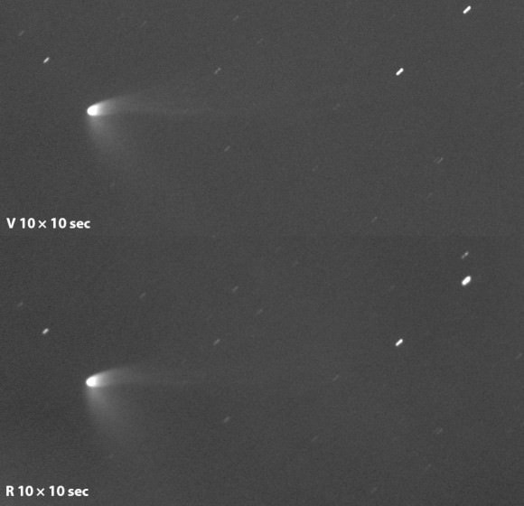 C/2014 Q1 PanSTARRS photographed through visual (top) and red filters with a 300mm telephoto lens on July 14, 2015. Credit: Martin Masek