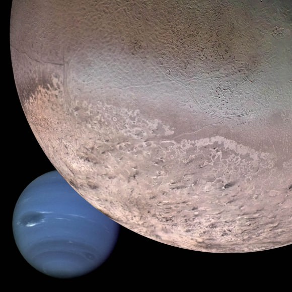 Triton's pink too! Montage of Neptune's largest moon, Triton (1,683 miles in diameter) and the planet Neptune showing the moon's sublimating south polar cap (bottom) and enigmatic "cantaloupe terrain". Credit: NASA