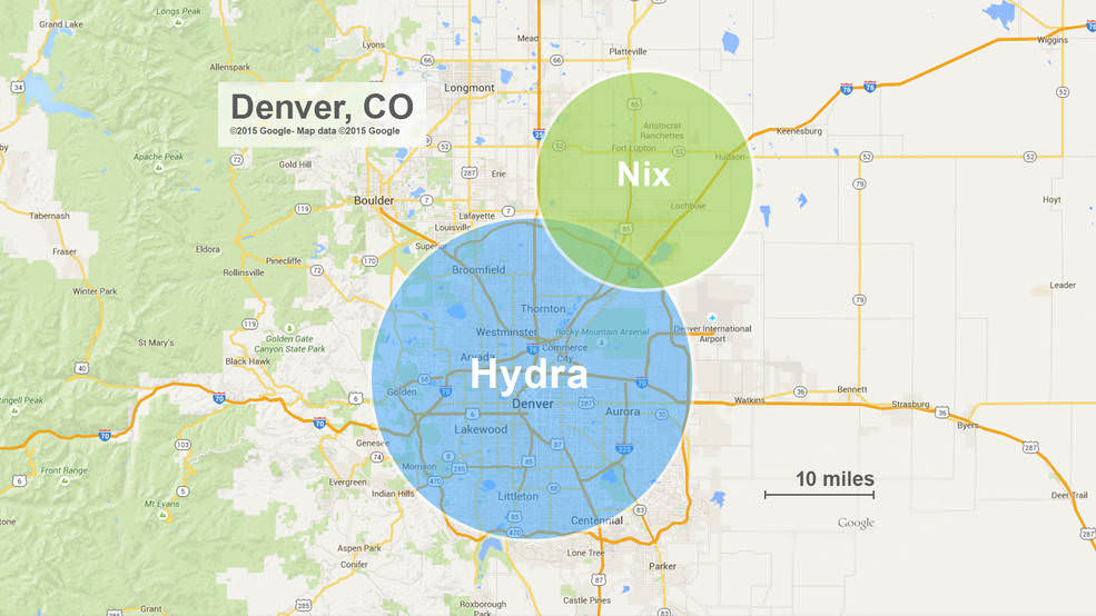 The approximate sizes of Pluto’s moons Nix and Hydra compared to Denver, Colorado. While Nix and Hydra are illustrated as circles in this diagram, mission scientists anticipate that future observations by New Horizons will show that they are irregular in shape.  Credits: JHUAPL/Google