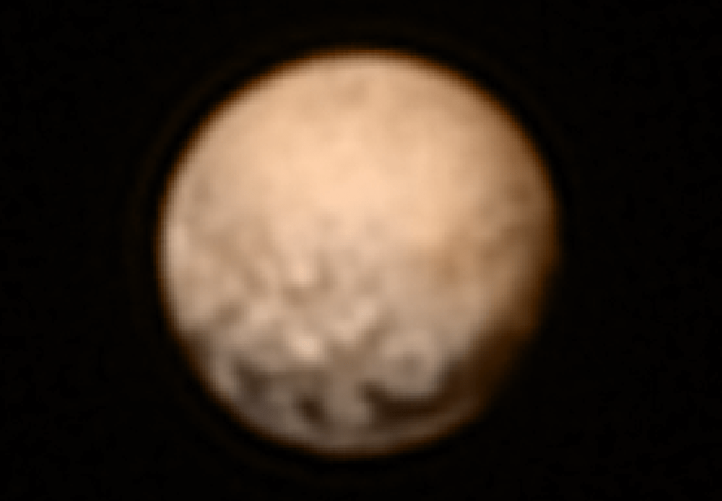 Latest color image of Pluto taken on July 3, 2015. Best yet image of Pluto was taken by the LORRI imager on NASA’s New Horizons spacecraft on July 3, 2015 at a distance of 7.8 million mi (12.5 million km), just prior to the July 4 anomaly that sent New Horizons into safe mode. Color data taken from the Ralph instrument gathered earlier in the mission.  Credit: NASA/JHUAPL/SWRI