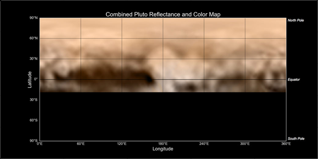 ‘The whale and the heart of Pluto.’  This map of Pluto, made from images taken by the LORRI instrument aboard New Horizons, shows a wide array of bright and dark markings of varying sizes and shapes. Perhaps most intriguing is the fact that all of the darkest material on the surface lies along Pluto’s equator. The color version was created from lower-resolution color data from the spacecraft’s Ralph instrument.  Credits: NASA-JHUAPL-SWRI