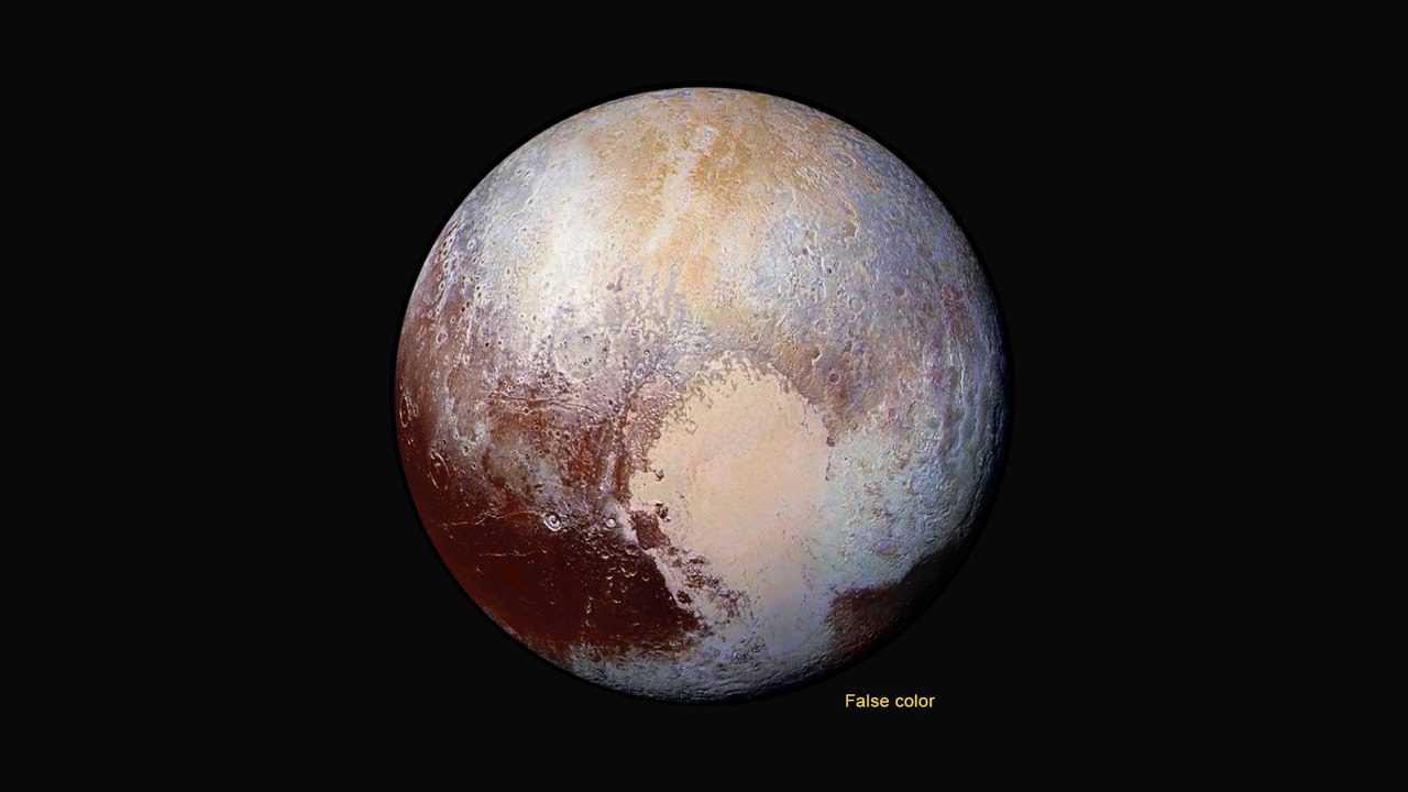 Four images from New Horizons’ Long Range Reconnaissance Imager (LORRI) were combined with color data from the Ralph instrument to create this enhanced color global view of Pluto. (The lower right edge of Pluto in this view currently lacks high-resolution color coverage.) The images, taken when the spacecraft was 280,000 miles (450,000 kilometers) away, show features as small as 1.4 miles (2.2 kilometers), twice the resolution of the single-image view taken on July 13.  Credits: NASA/JHUAPL/SwRI 