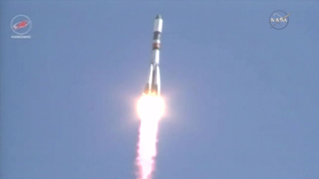 The ISS Progress 60 resupply ship launches on time from the Baikonur Cosmodrome. Credit: NASA TV