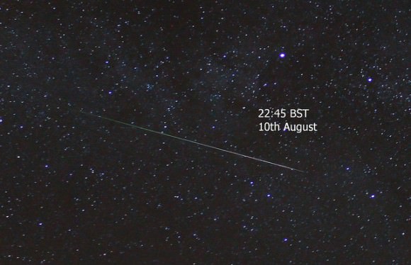 A Perseid Meteor as seen on August 8, 2015, taken from Oxfordshire with a Canon 1100D + 18-55mm lens, ISO-1600 for 30 seconds. Credit and copyright: Mary Spicer.  