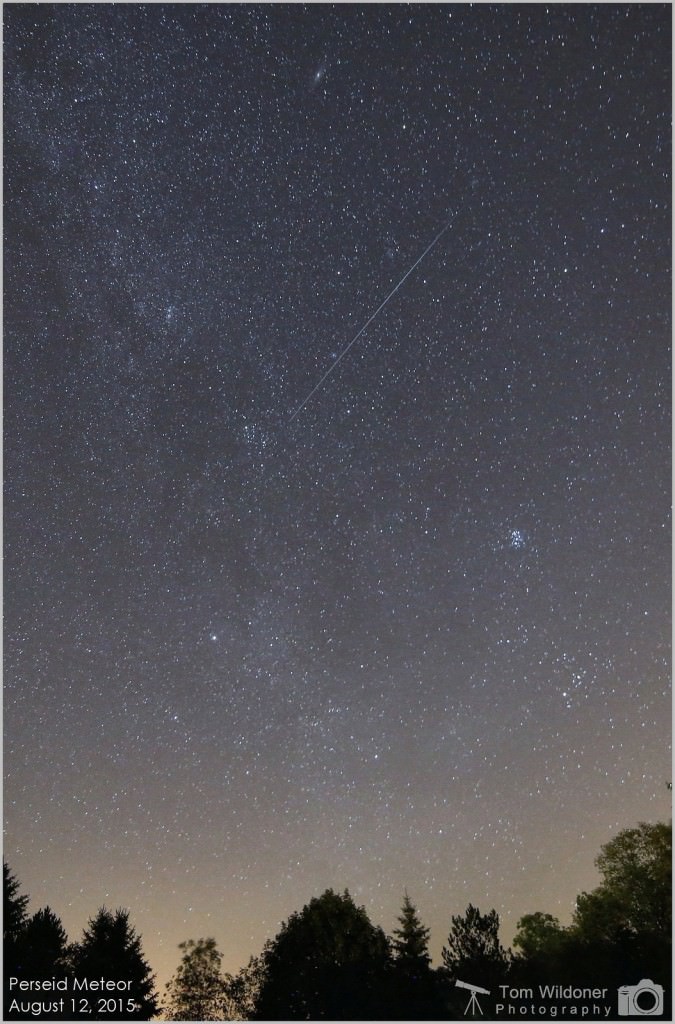 Perseid meteor from early morning, August 12, 2015 in Weatherly, Pennsylvania. Taken with a Canon 6D and Samyang 14mm lens, 40 second exposure at ISO 3200, unguided. Credit and copyright: Tom Wildoner. 
