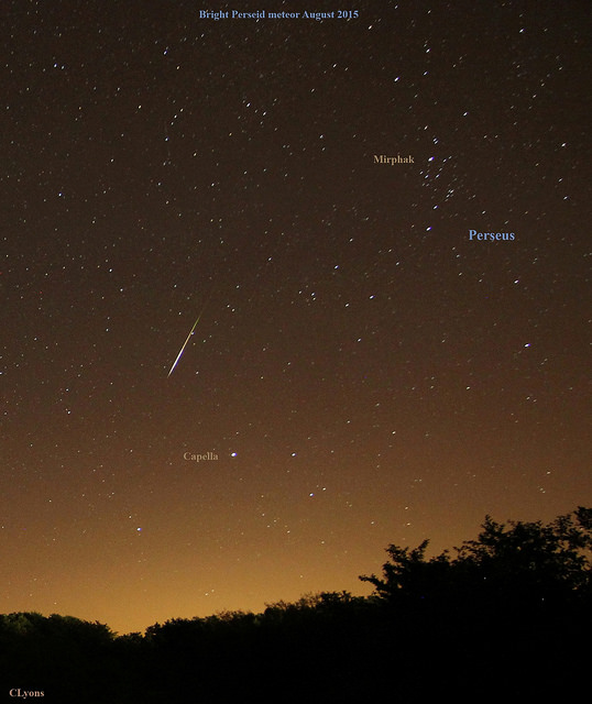 Bright Perseid and Perseus. Credit and copyright: Chris Lyons. 