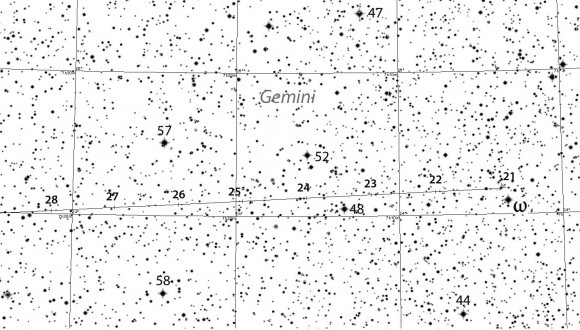 Detailed map showing the comet's path through central Gemini daily August 21-28, 2015 around 4 a.m. CDT. Brighter stars are marked with Greek letters and numbers. "48" = 48 Geminorum. Source: Chris Marriott's SkyMap