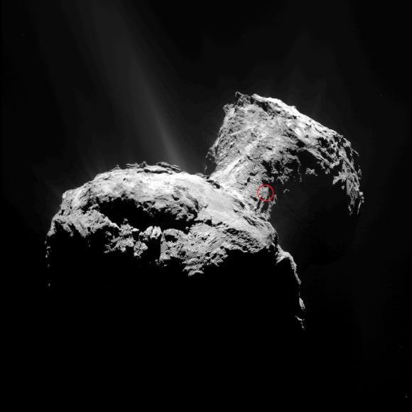 This photo of 67P/C-G's nucleus shows the context for the outburst. Copyright: ESA/Rosetta/MPS for OSIRIS Team MPS/UPD/LAM/IAA/SSO/INTA/UPM/DASP/IDA