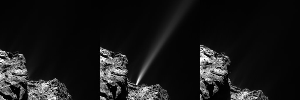 A short-lived outburst from Comet 67P/Churyumov–Gerasimenko was captured by Rosetta’s OSIRIS narrow-angle camera on 29 July 2015. The images were taken from a distance of 186 km from the centre of the comet. Image Credit: ESA