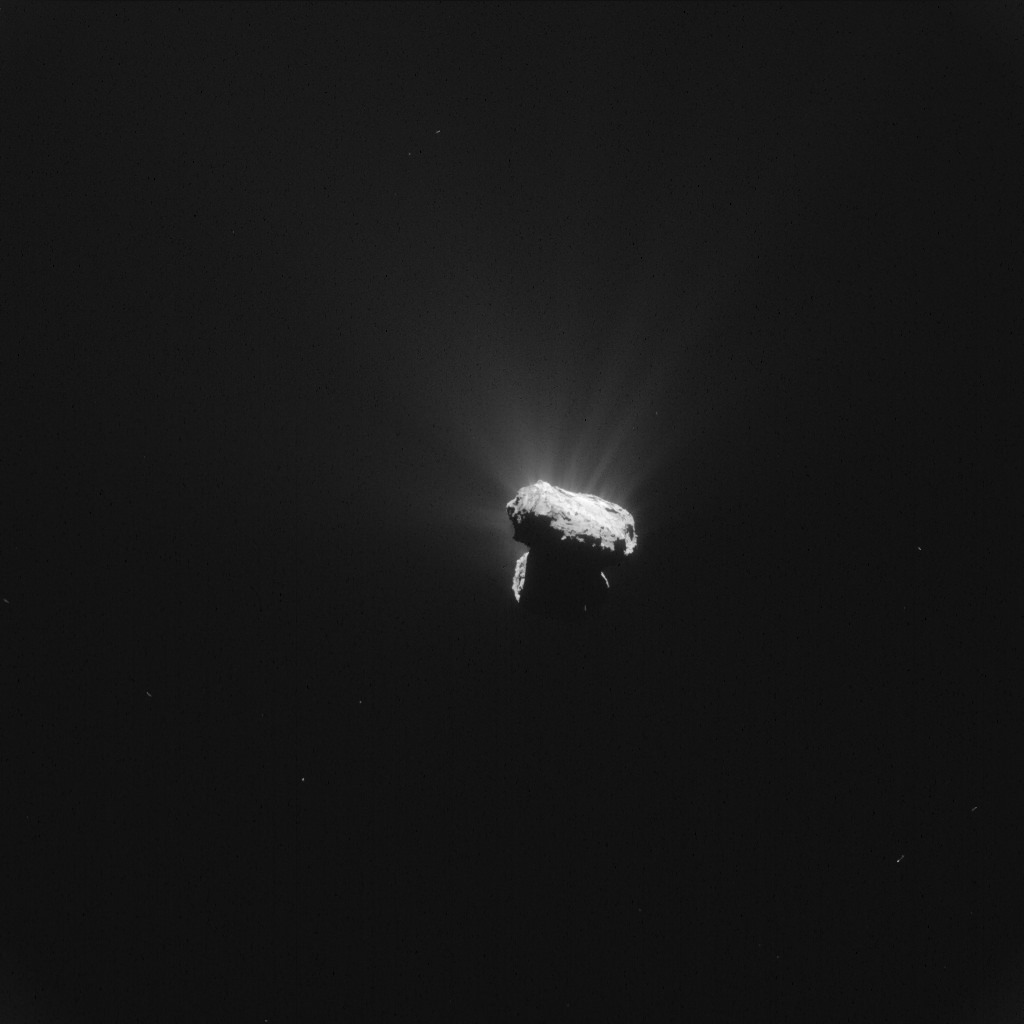 Comet at perihelion.  Single frame Rosetta navigation camera image acquired at 01:04 GMT on 13 August 2015, just one hour before Comet 67P/Churyumov–Gerasimenko reached perihelion – the closest point to the Sun along its 6.5-year orbit. The image was taken around 327 km from the comet. It has a resolution of 28 m/pixel, measures 28.6 km across and was processed to bring out the details of the comet's activity. Credits: ESA/Rosetta/NAVCAM – CC BY-SA IGO 3.0