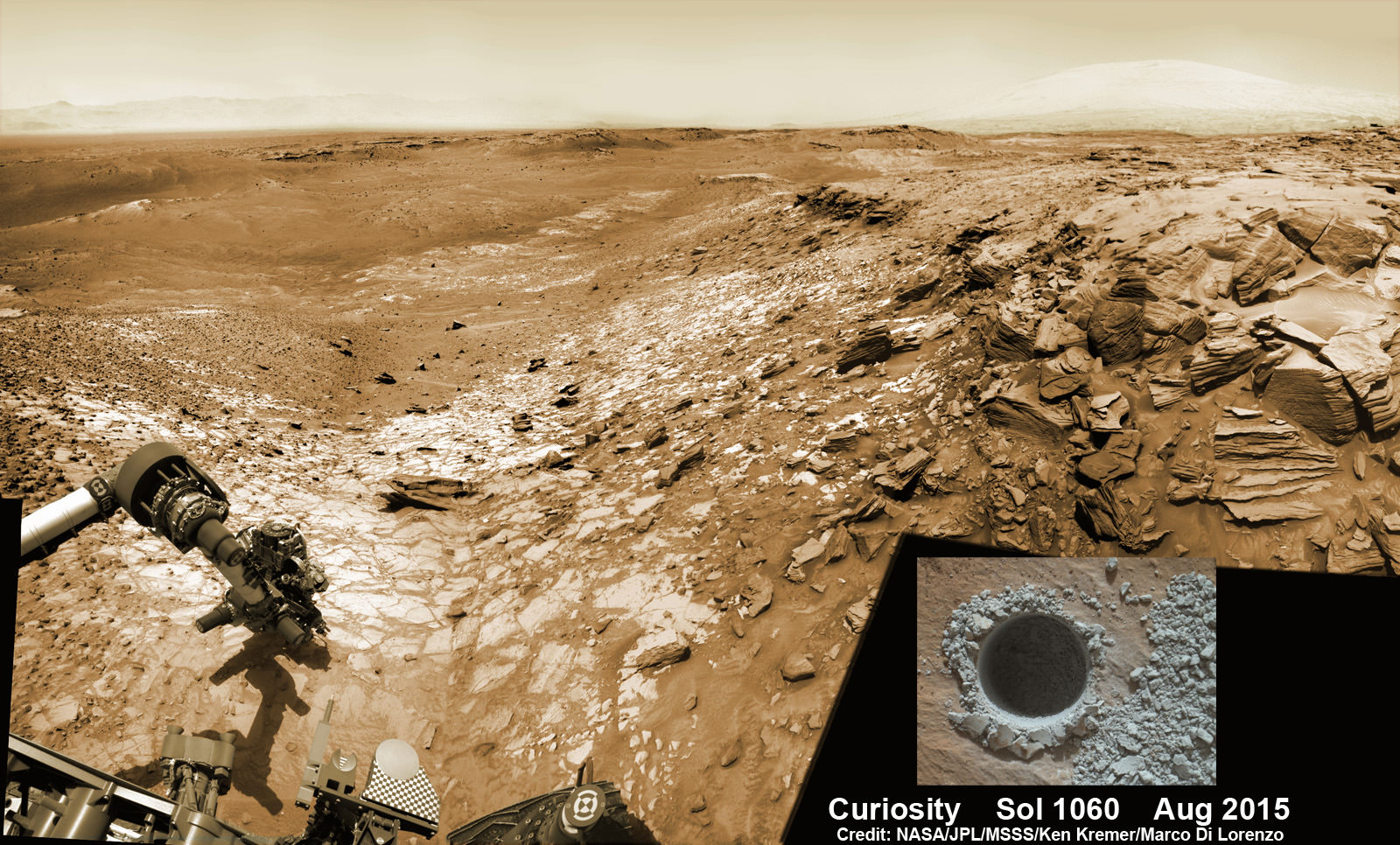 Curiosity extends robotic arm and conducts sample drilling at “Buckskin” rock target at bright toned “Lion” outcrop at the base of Mount Sharp on Mars, seen at right.   Gale Crater eroded rim seen in the distant background at left, in this composite multisol mosaic of navcam raw images taken to Sol 1059, July 30, 2015.  Navcam camera raw images stitched and colorized. Inset: MAHLI color camera up close image of full depth drill hole at “Buckskin” rock target on Sol 1060.  Credit:  NASA/JPL-Caltech/MSSS/Ken Kremer/kenkremer.com/Marco Di Lorenzo   