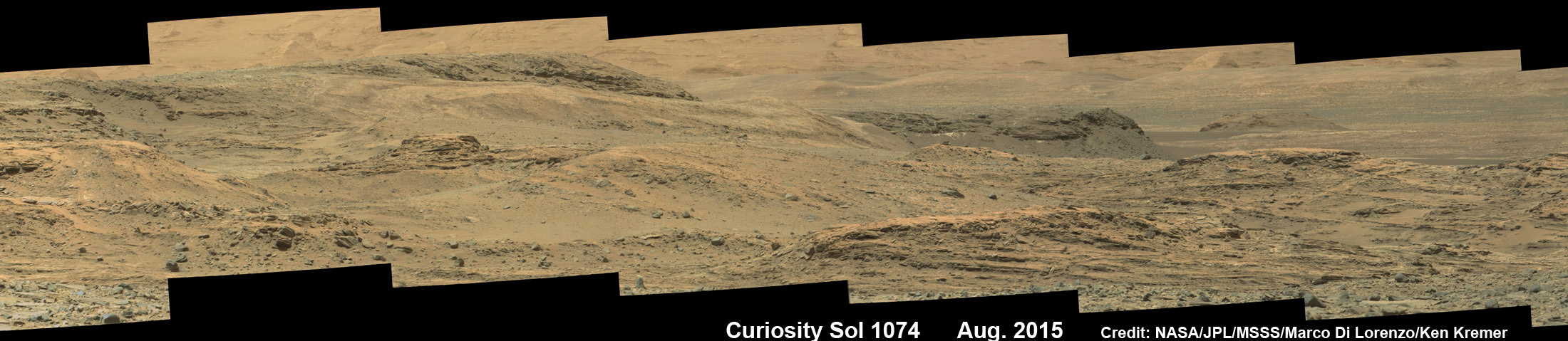 Curiosity rover scans toward south east around Marias Pass area at the base of Mount Sharp on Mars on Sol 1074, Aug. 14, 2015 in this photo mosaic stitched from Mastcam color camera raw images.  Credit: NASA/JPL/MSSS/Marco Di Lorenzo/Ken Kremer/kenkremer.com