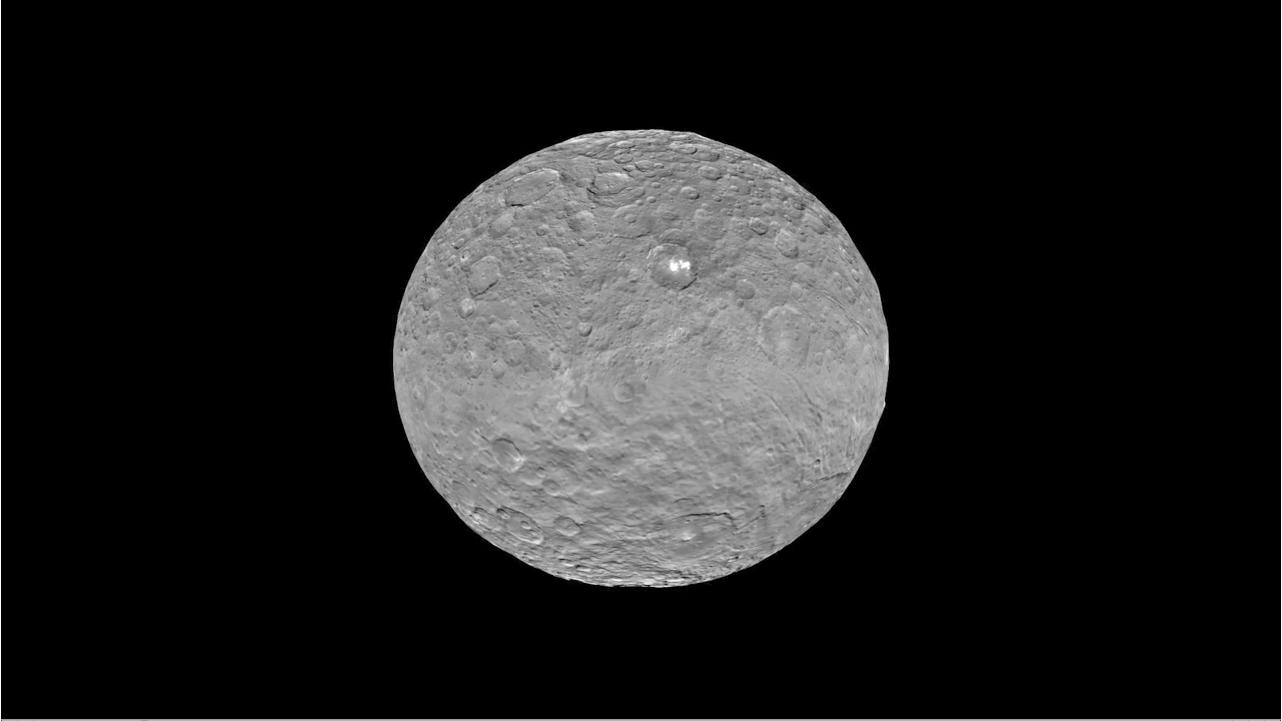 Global view of Ceres uses data collected by NASA's Dawn mission in April and May 2015.  The highest-resolution parts of the map have a resolution of 1,600 feet (480 meters) per pixel.  Credits: NASA/JPL-Caltech/UCLA/MPS/DLR/IDA/LPI/PSI