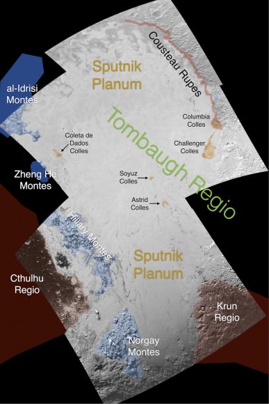 A close-up slice of Plutonian landscape centered on Tombaugh Regio with informal names waiting for approval. Click for a large pdf file. Credit: NASA/Johns Hopkins University Applied Physics Laboratory/Southwest Research Institute