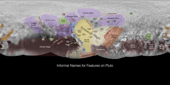 This image contains the initial, informal names being used by the New Horizons team for the features and regions on the surface of Pluto. The IAU will still need to give final approval. Click for a large pdf file. Credit: NASA/Johns Hopkins University Applied Physics Laboratory/Southwest Research Institute