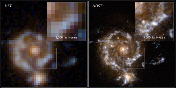 A simulated spiral galaxy as viewed by Hubble and the proposed High Definition Space Telescope at a lookback time of approximately 10 billion years. Image credit: D. Ceverino, C. Moody, G. Snyder, and Z. Levay (STScI)