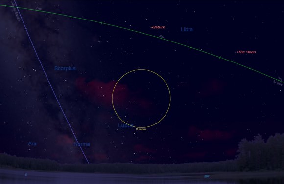 Late to the party? the waxing crescent Moon versus the plane of the galaxy on the evening of August 20th, 2015. Image credit: Starry Night Education Software 