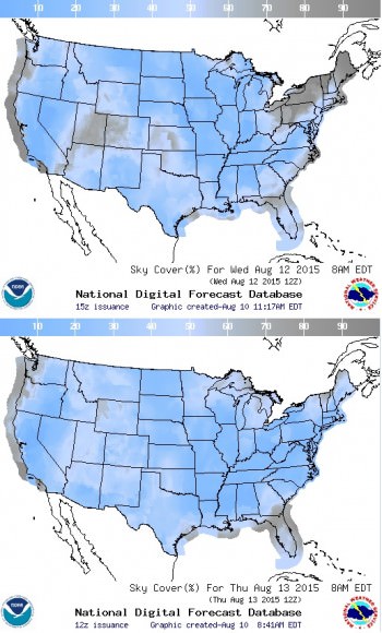 Weather and cloud cover prospects for the mornings of August 12th and August 13th. Image credit: NOAA