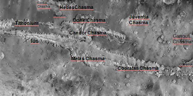 Location of Ophir Chasma canyon inside this annotated map of Valles Marineris created from the THEMIS camera on NASA’s Mars Odyssey orbiter. Credit: NASA