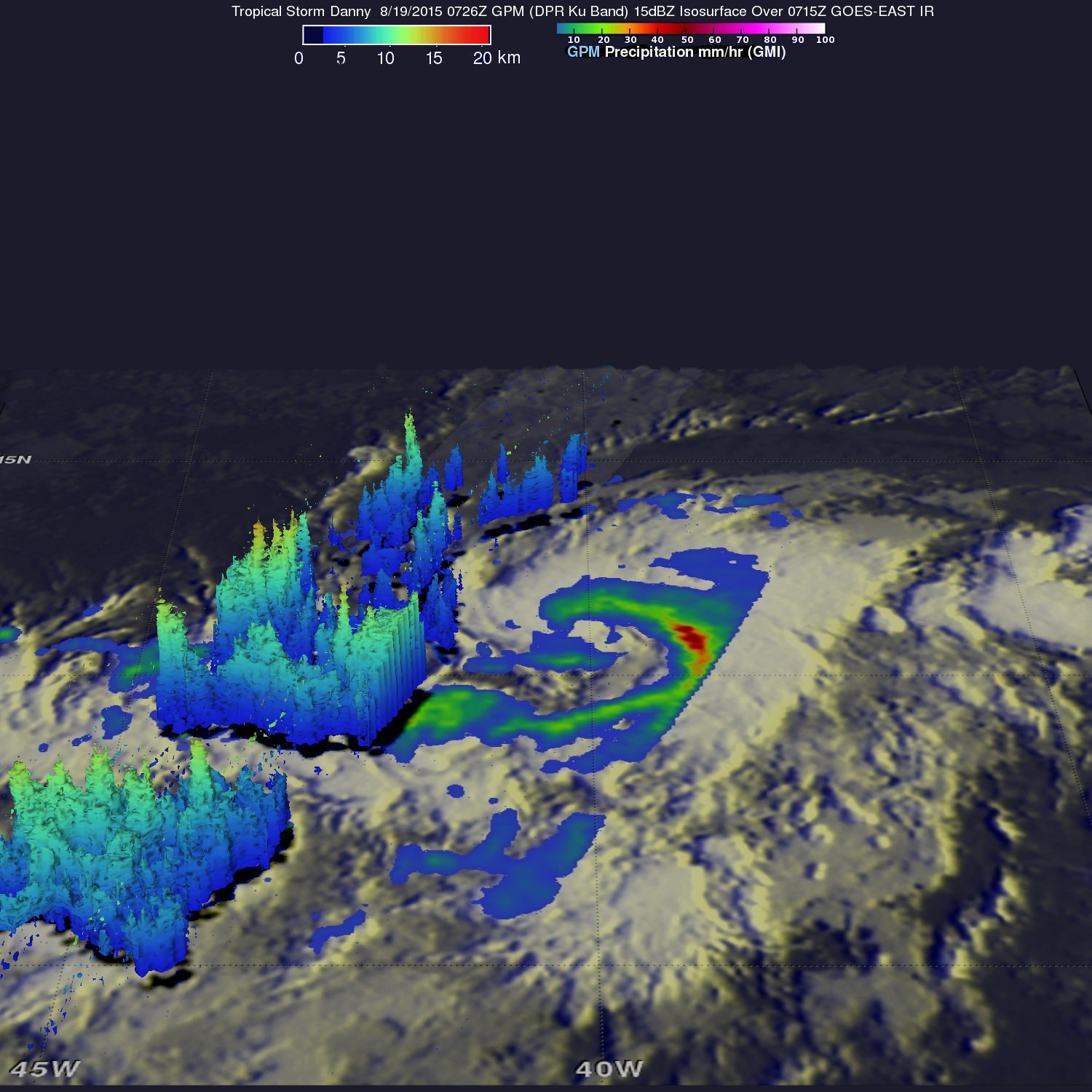 On Aug. 19, 2015 GPM saw Danny's rain structure was still asymmetric as noted by the large rain band (identified by the green arc indicating moderate rain) being located mainly on the eastern side of the storm. Within this rain band, GPM detected rain rates of up to 73.9 mm/hour (shown in darker red).Credits: SSAI/NASA, Hal Pierce 