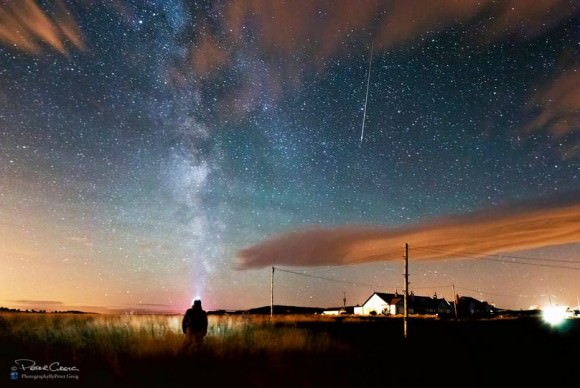 A Perseid Meteor, the Milky Way and the photographer on August 11, 2015 near Bamburgh, Northumberland, England. Credit and copyright:  Peter Greig. 
