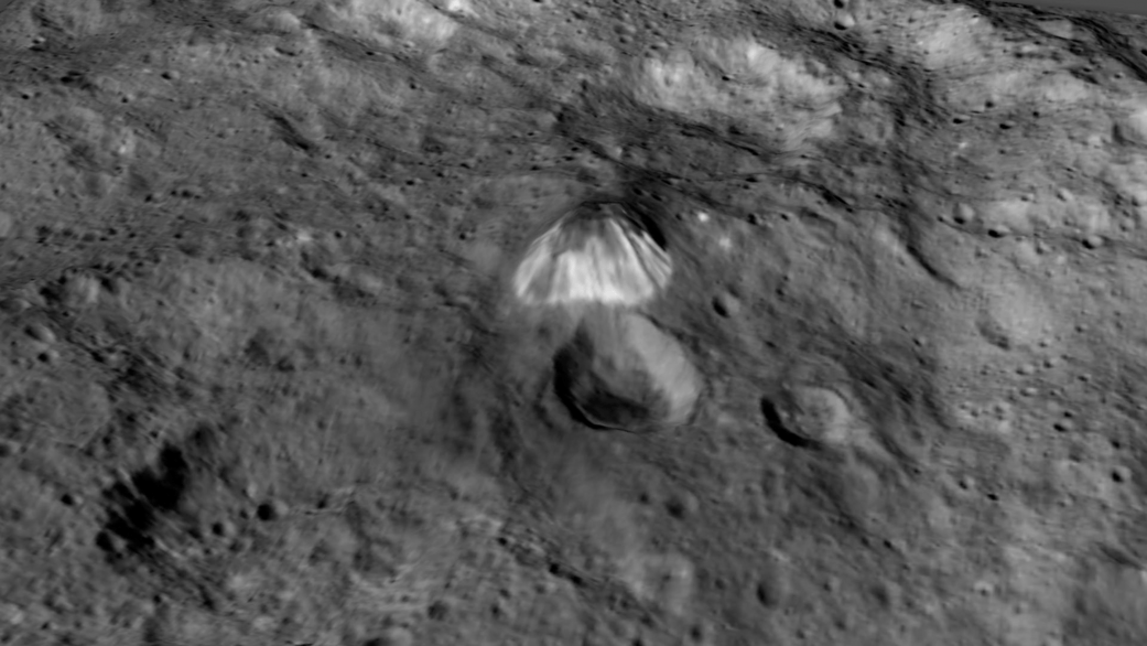 Among the highest features seen on Ceres so far is a mountain about 4 miles (6 kilometers) high, which is roughly the elevation of Mount McKinley in Alaska's Denali National Park.  Vertical relief has been exaggerated by a factor of five to help understand the topography. Credits: NASA/JPL-Caltech/UCLA/MPS/DLR/IDA/LPI