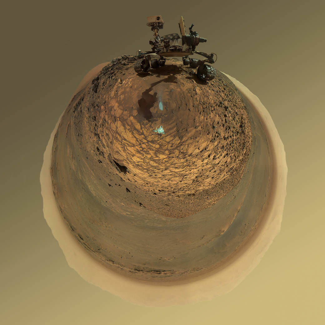 This version of a self-portrait of NASA's Curiosity Mars rover at a drilling site called "Buckskin" is presented as a stereographic projection, which shows the horizon as a circle. The MAHLI camera on Curiosity's robotic arm took dozens of component images for this selfie on Aug. 5, 2015.  Credits: NASA/JPL-Caltech/MSSS