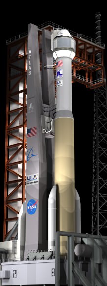 Artist’s concept of Boeing’s CST-100 space taxi atop a human rated ULA Atlas-V rocket showing new crew access tower and arm. Credit: ULA/Boeing