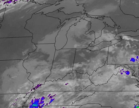 Infrared image of the east-central U.S. at 11 a.m. CDT today. Credit: NASA