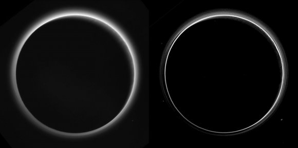 Two different versions of an image of Pluto's haze layers, taken by New Horizons as it looked back at Pluto's dark side nearly 16 hours after close approach, from a distance of 480,000 miles (770,000 kilometers). The left version has had only minor processing, while the right version has been specially processed to reveal a large number of discrete haze layers in the atmosphere, and and subtle parallel streaks in the haze may be crepuscular rays- shadows cast on the haze by topography such as mountain ranges on Pluto, similar to the rays sometimes seen in the sky after the sun sets behind mountains on Earth. Credit: NASA/Johns Hopkins University Applied Physics Laboratory/Southwest Research Institute.