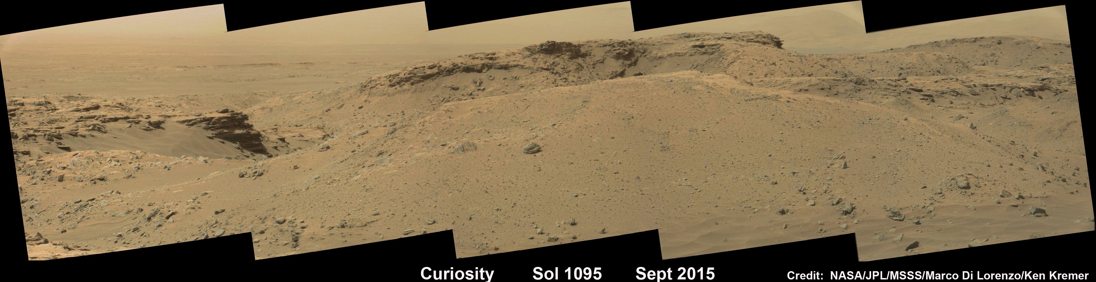 Curiosity rover explores around the Stimson unit at the base of Mount Sharp on Mars on Sol 1095, Sept. 5, 2015 in this photo mosaic stitched from Mastcam color camera raw images.  Credit: NASA/JPL/MSSS/Marco Di Lorenzo/Ken Kremer/kenkremer.com 