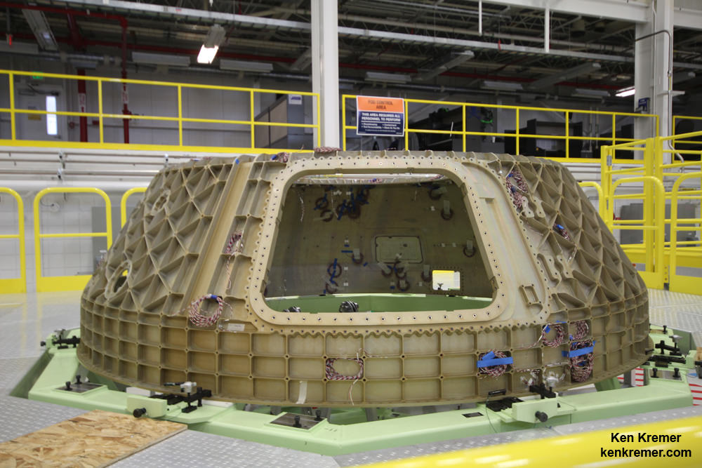 First view of upper half of the Boeing CST-100 '?Starliner?' crewed space taxi unveiled at the Sept. 4, 2015 Grand Opening ceremony held in the totally refurbished C3PF manufacturing facility at NASA's Kennedy Space Center. This will be part of the first Starliner crew module known as the Structural Test Article (STA) being built at Boeing’s Commercial Crew and Cargo Processing Facility (C3PF) at KSC. Credit: Ken Kremer /kenkremer.com