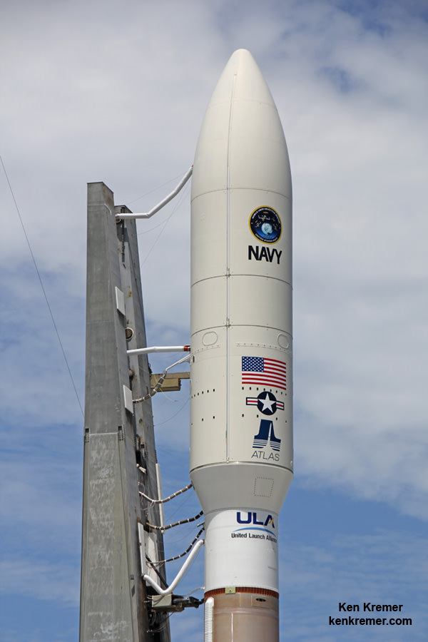 MUOS-4 US Navy communications satellite stowed inside huge 5 meter diameter payload fairing atop Atlas V rocket at pad 41 at Cape Canaveral Air Force Station, FL set for launch on Sept. 2, 2015. EDT. Credit: Ken Kremer/kenkremer.com