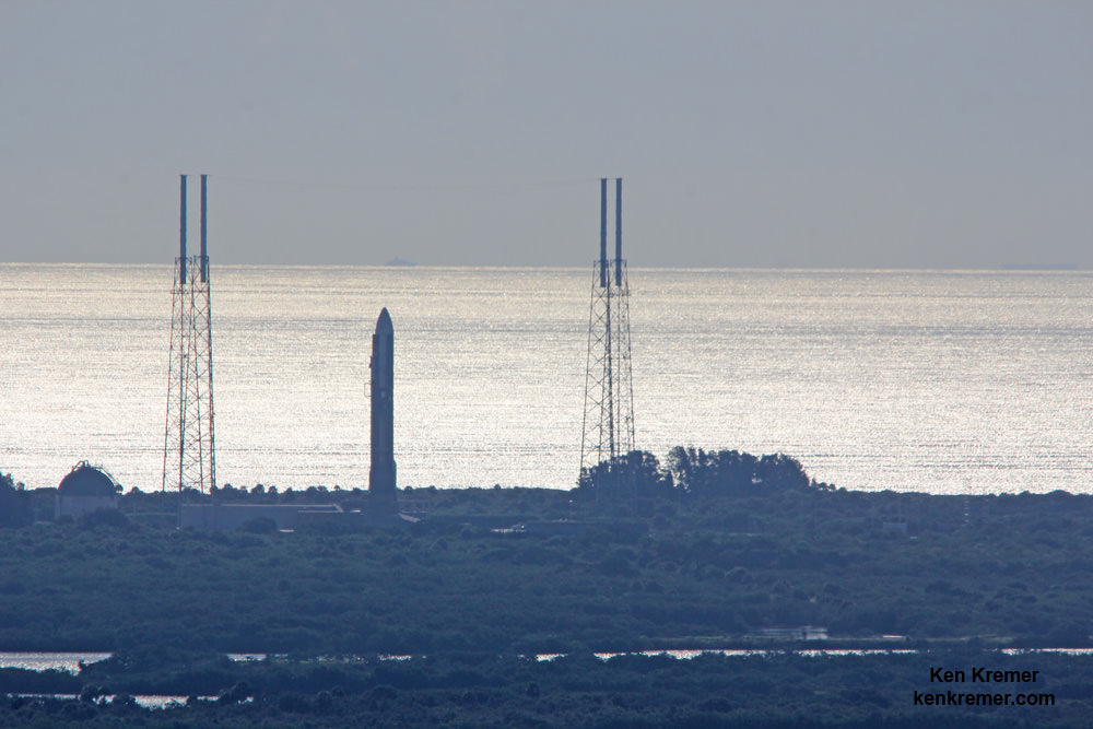 United Launch Alliance Atlas V rocket with MUOS-4 US Navy communications satellite poised at pad 41 at Cape Canaveral Air Force Station, FL, set for launch on Sept. 2, 2015. EDT. View from atop NASA’s SLS mobile launcher at the Kenned Space Center. Credit: Ken Kremer/kenkremer.com
