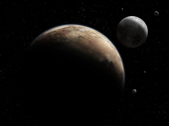 Artist's impression of Pluto and its moons. Credit: NASA / Johns Hopkins University Applied Physics Laboratory / Southwest Research Institute