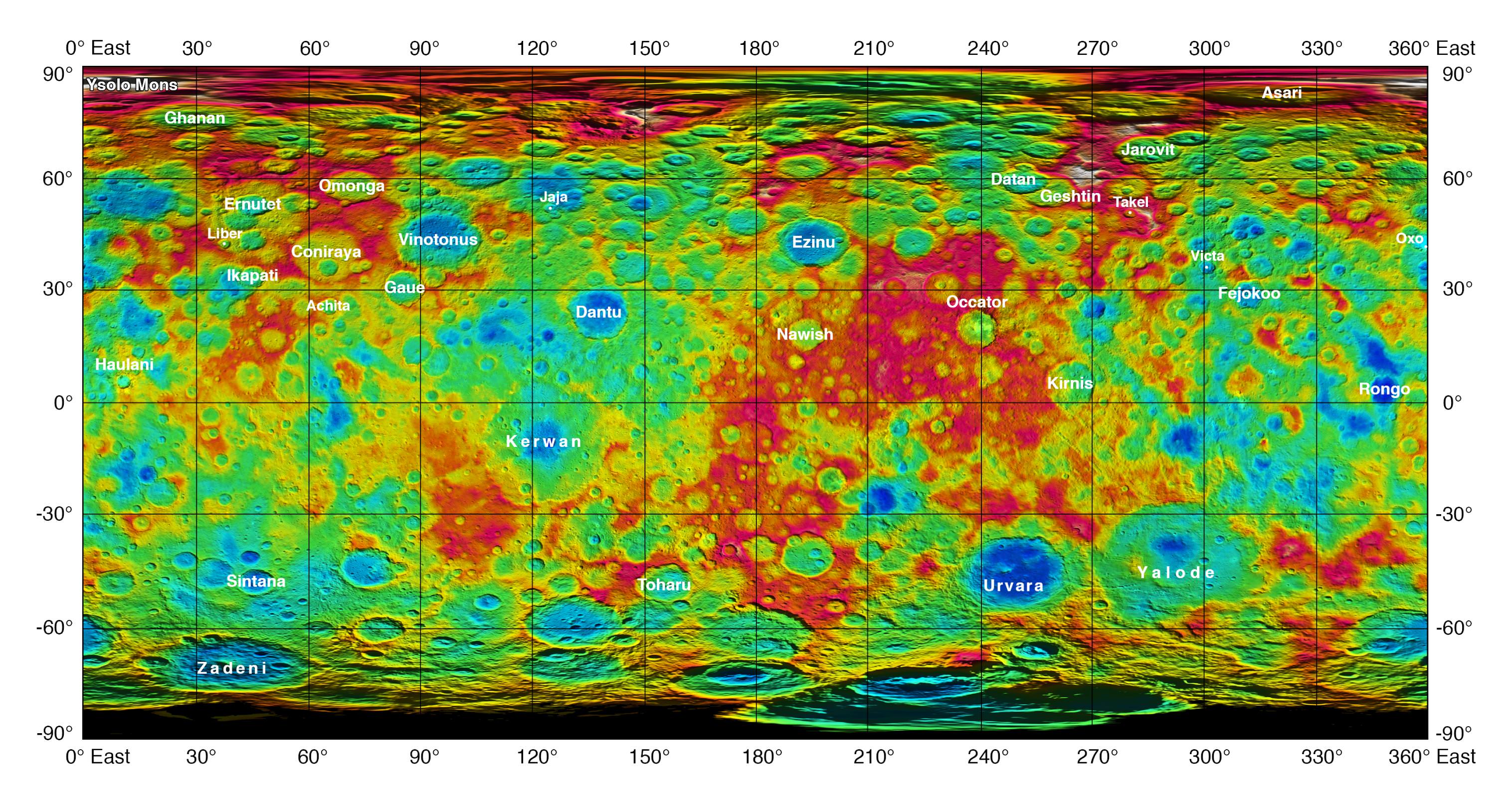 This color-coded map from NASA's Dawn shows the highs and lows of topography on the surface of dwarf planet Ceres. It is labeled with names of features approved by the International Astronomical Union. The color scale extends about 5 miles (7.5 kilometers) below the reference surface in indigo to 5 miles (7.5 kilometers) above the reference surface in white.  Credits: NASA/JPL-Caltech/UCLA/MPS/DLR/IDA