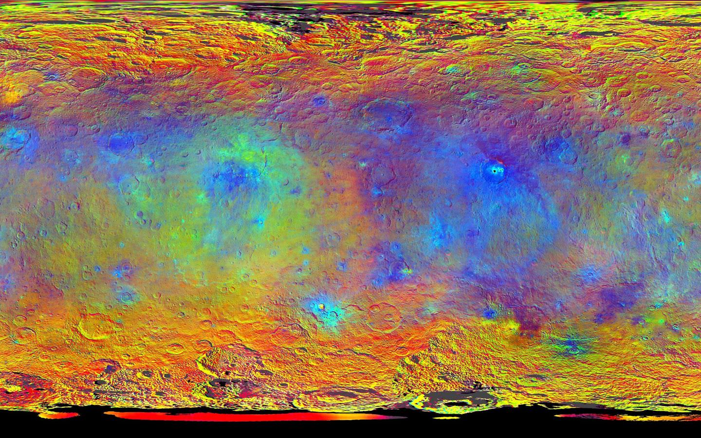 This map-projected view of Ceres was created from images taken by NASA's Dawn spacecraft during its high-altitude mapping orbit, in August and September, 2015.  This color coded map can provide valuable insights into the mineral composition of the surface, as well as the relative ages of surface features.  Credits: NASA/JPL-Caltech/UCLA/MPS/DLR/IDA